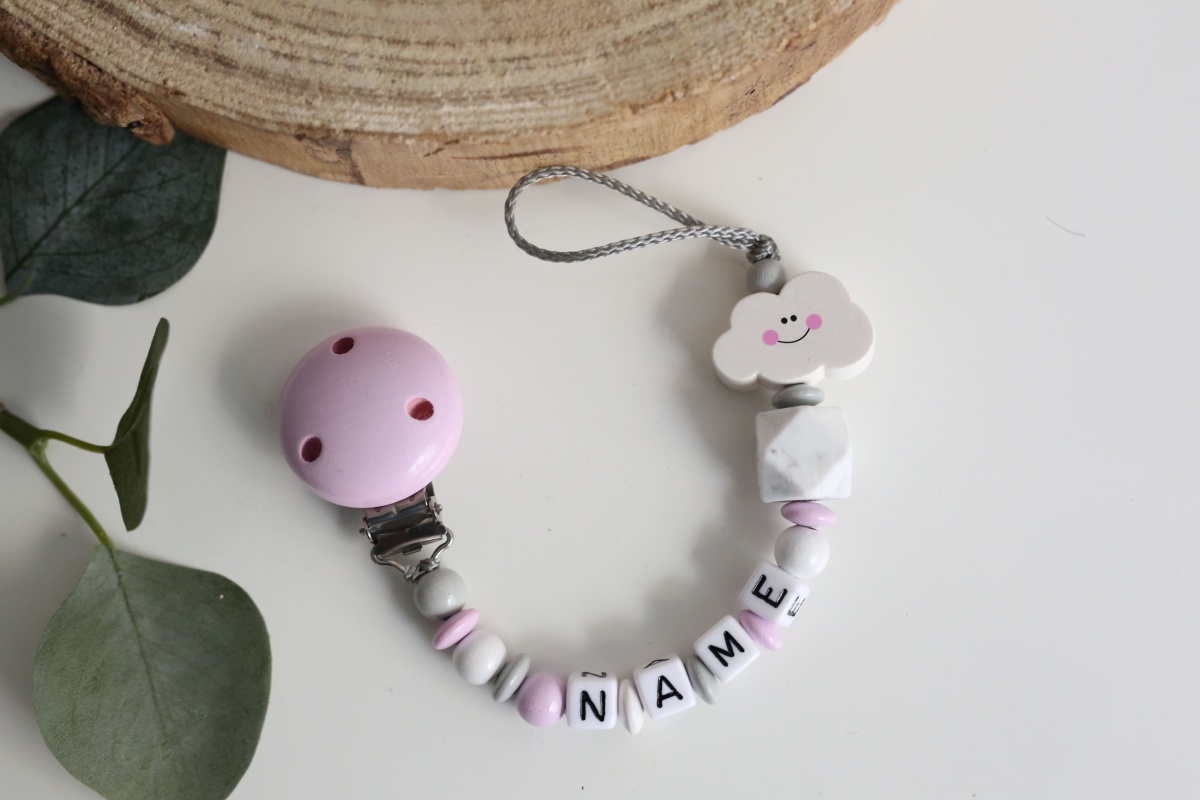 Schnullerkette mit Namen Mädchen Baby Geschenk HOLZ Schildkröte-Stern Pink,Rosa
